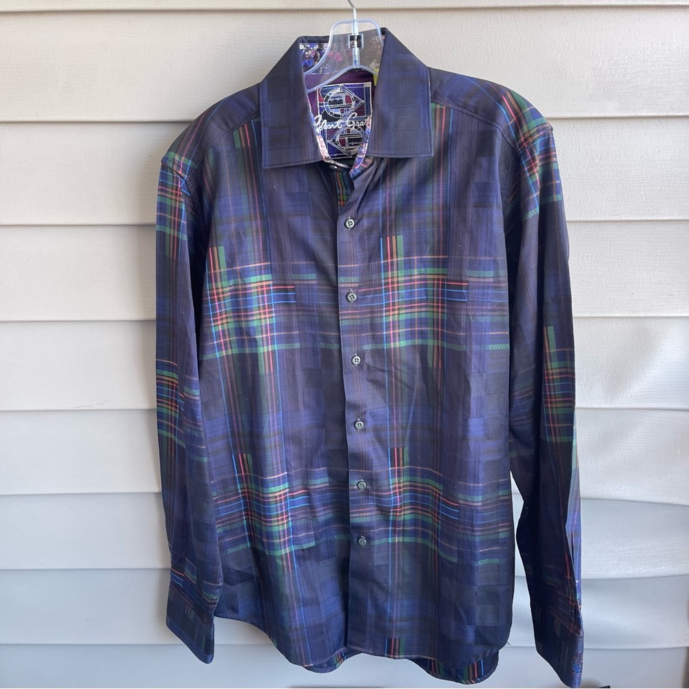 Robert Graham Dress Shirt Medium Black Rainbow‎ Plaid Button Up Shirt